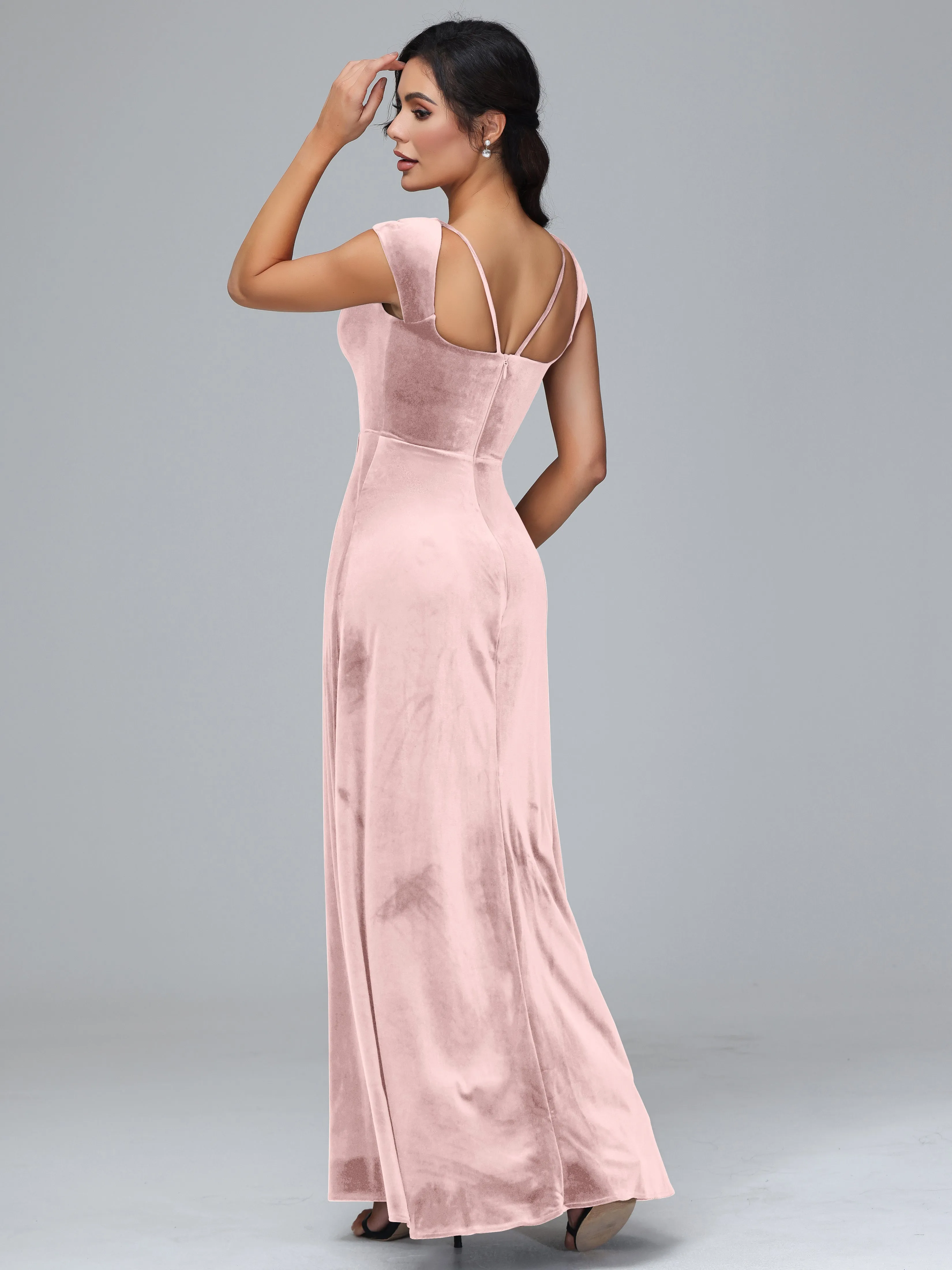 Scoop Neck Long Velvet Bridesmaid Dresses With Split