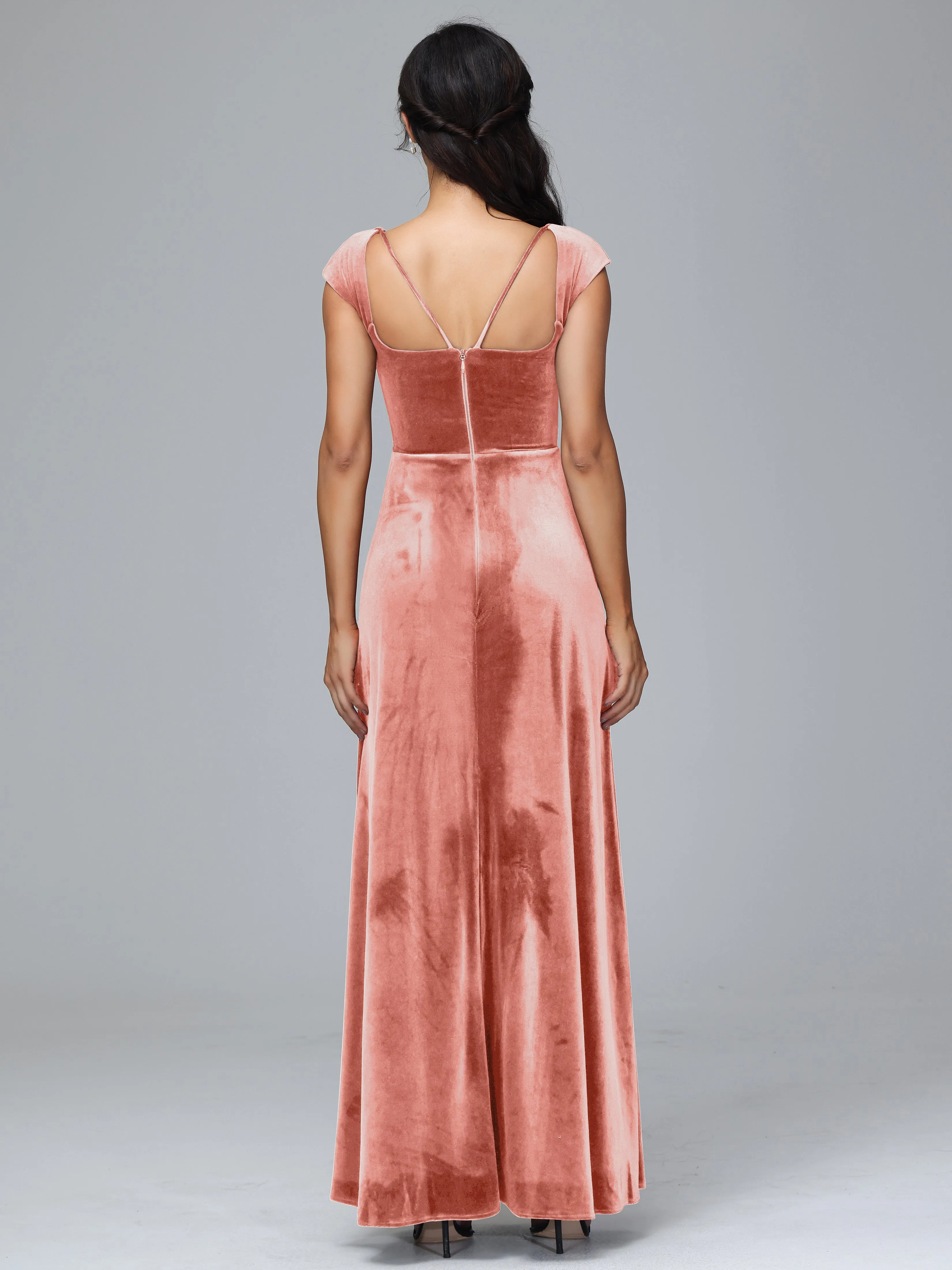 Scoop Neck Long Velvet Bridesmaid Dresses With Split