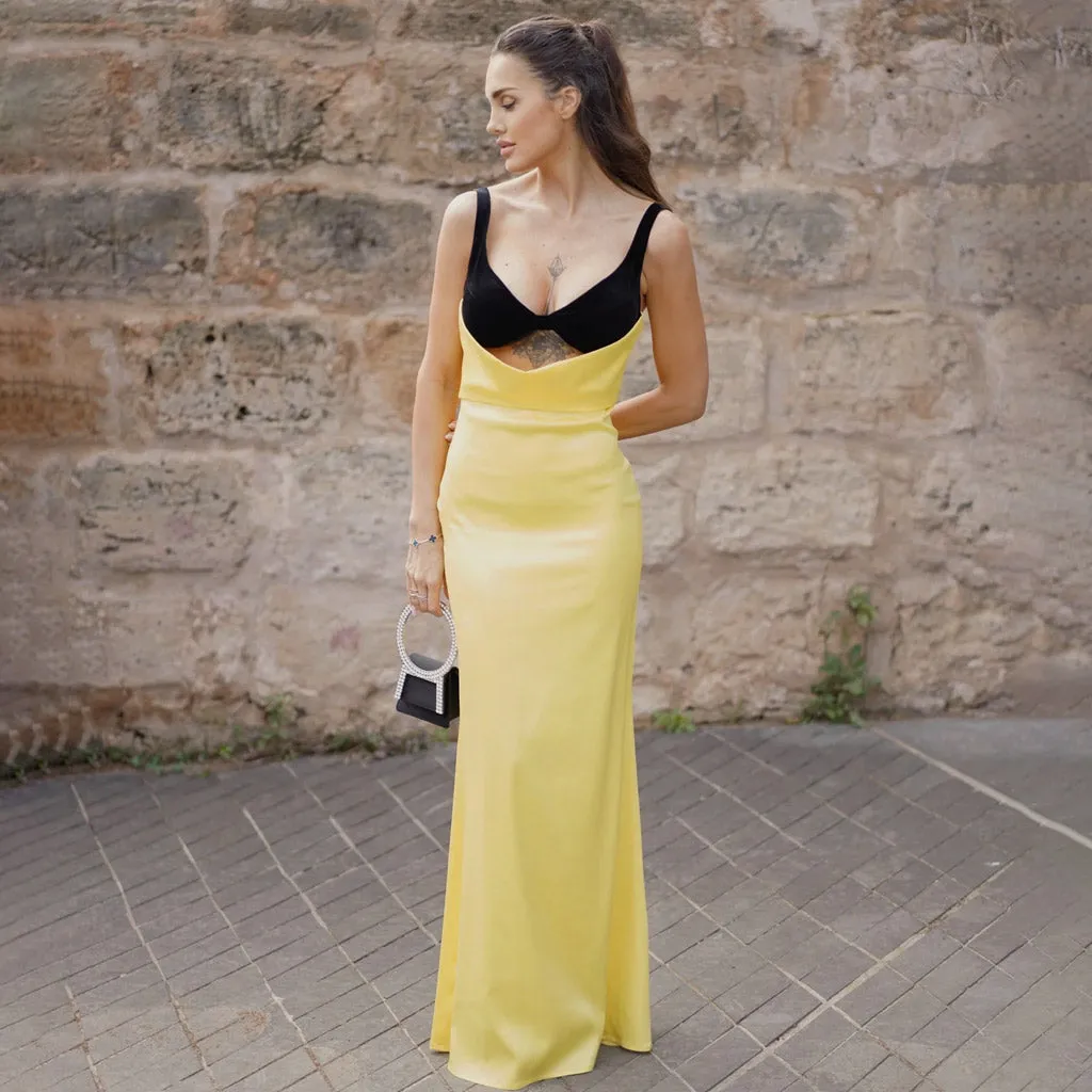 Sexy Contrast Two Tone Velvet Bra Draped Satin Fishtail Maxi Evening Dress