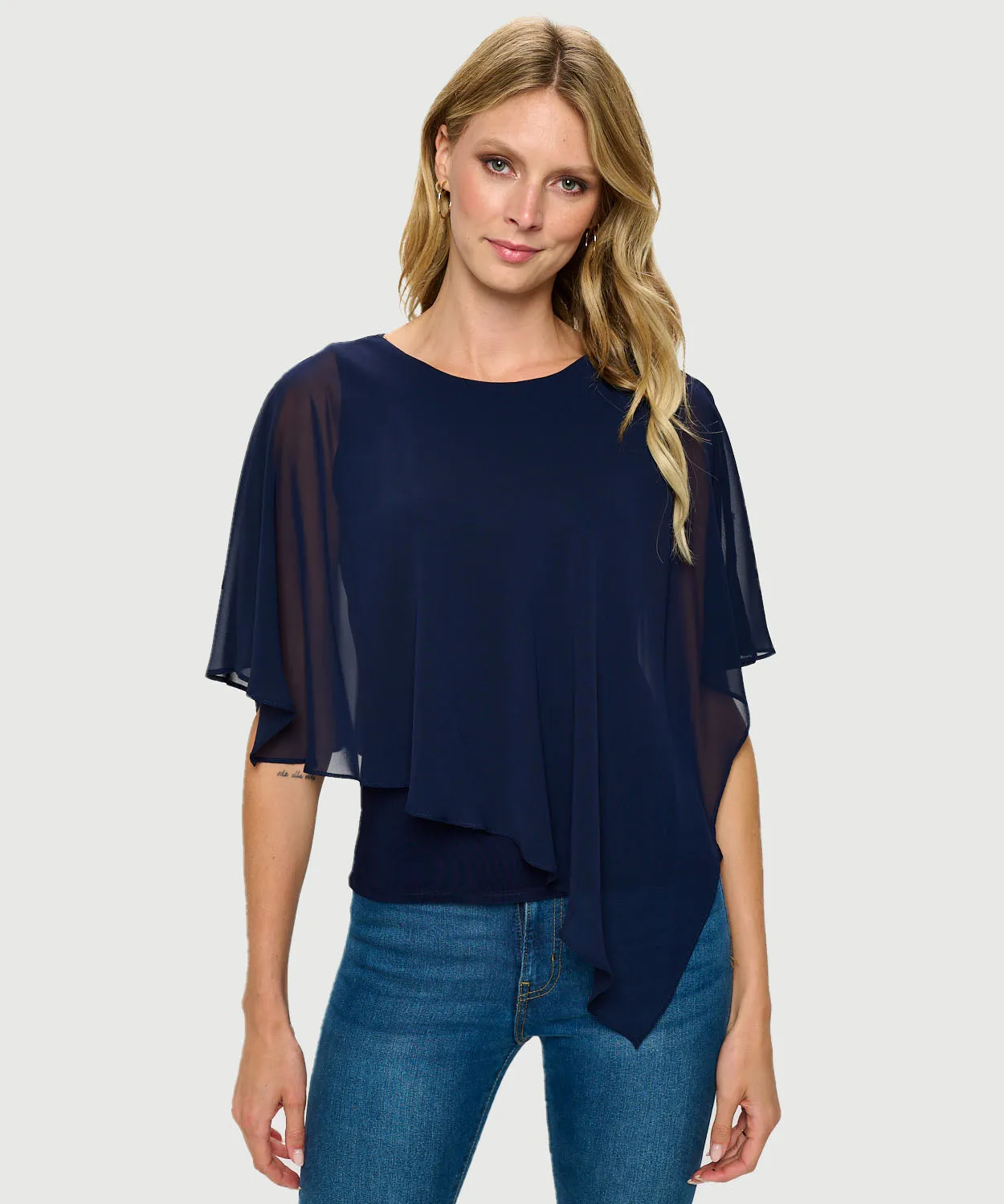 Short Sleeve Chiffon Layered Top | Navy Blue