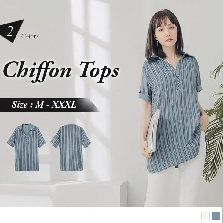 SHORT SLEEVE STRIPED CHIFFON TOPS