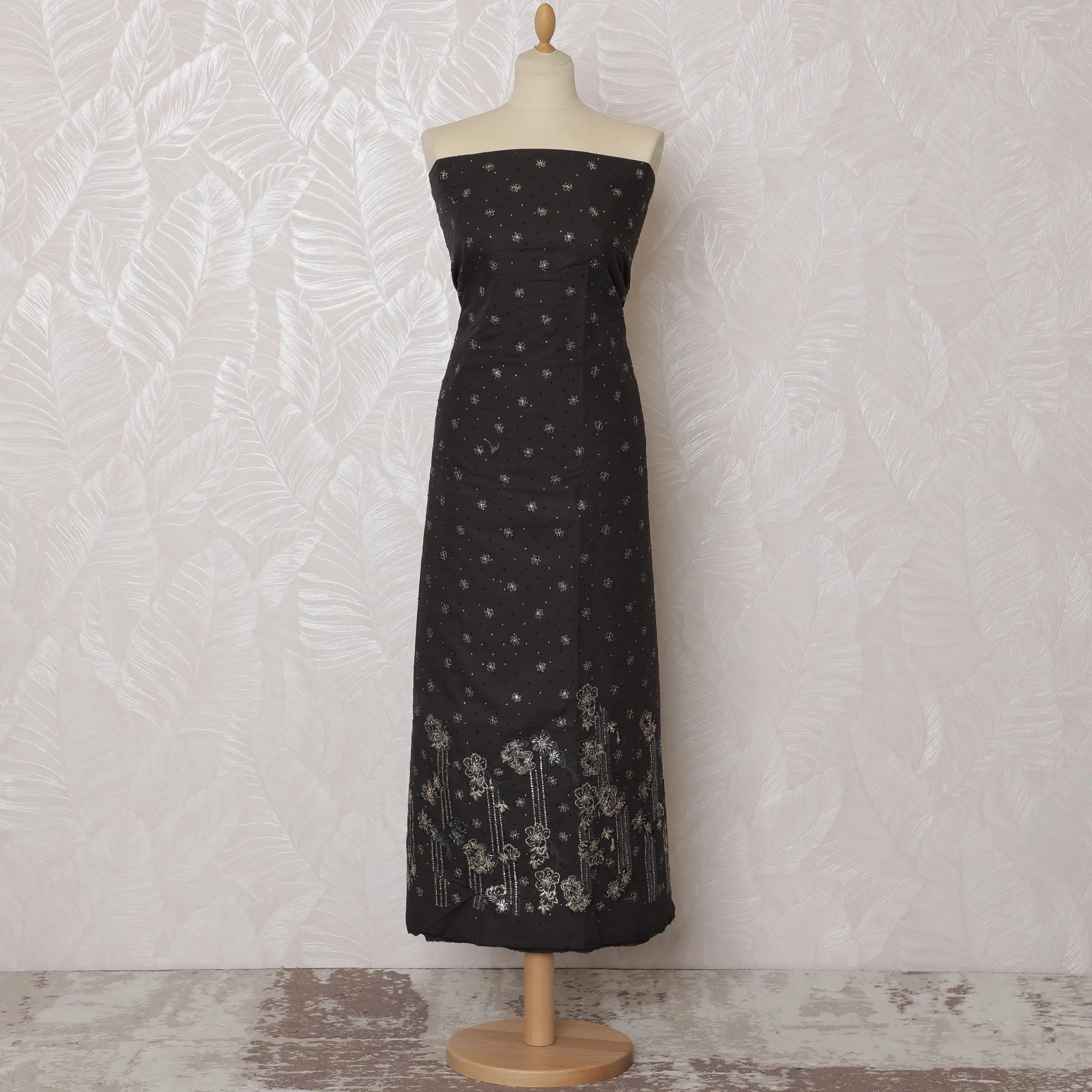 Sophisticated Black Blended Cotton Fabric with Silver Floral Embroidery - 110 cm Width X 3.0 Mtrs-D19765