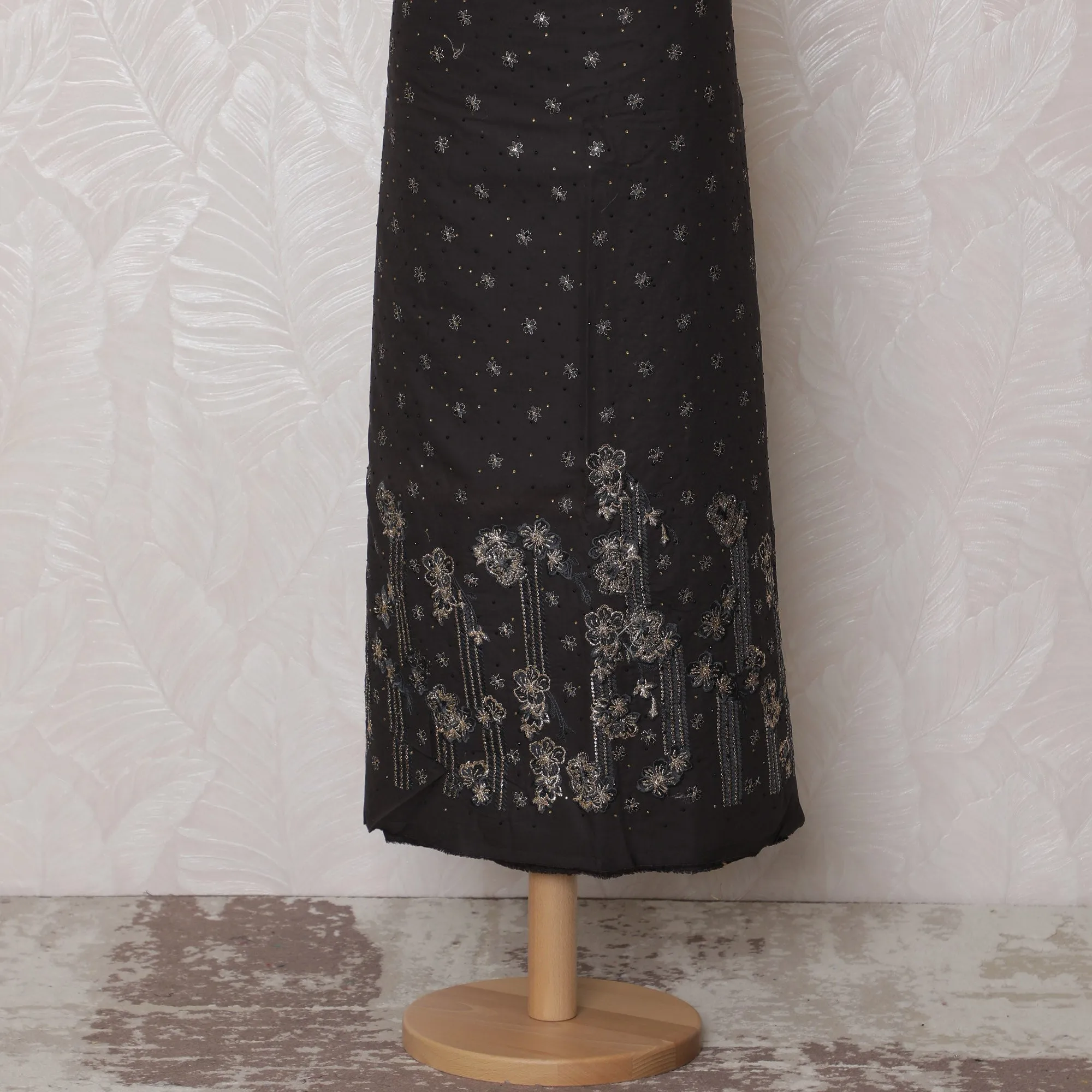 Sophisticated Black Blended Cotton Fabric with Silver Floral Embroidery - 110 cm Width X 3.0 Mtrs-D19765