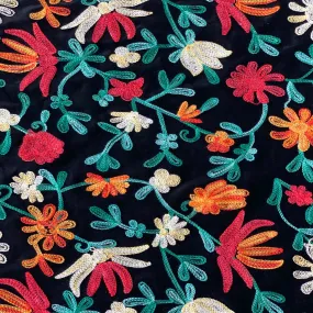 Teal Red Multicolor Briony Floral Embroidered Stretch Velvet Fabric