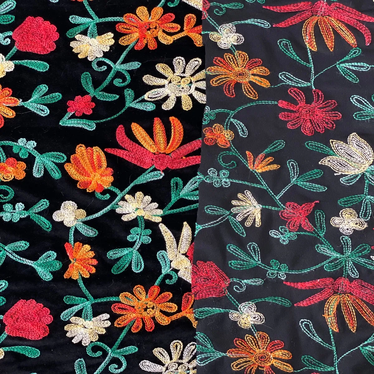 Teal Red Multicolor Briony Floral Embroidered Stretch Velvet Fabric