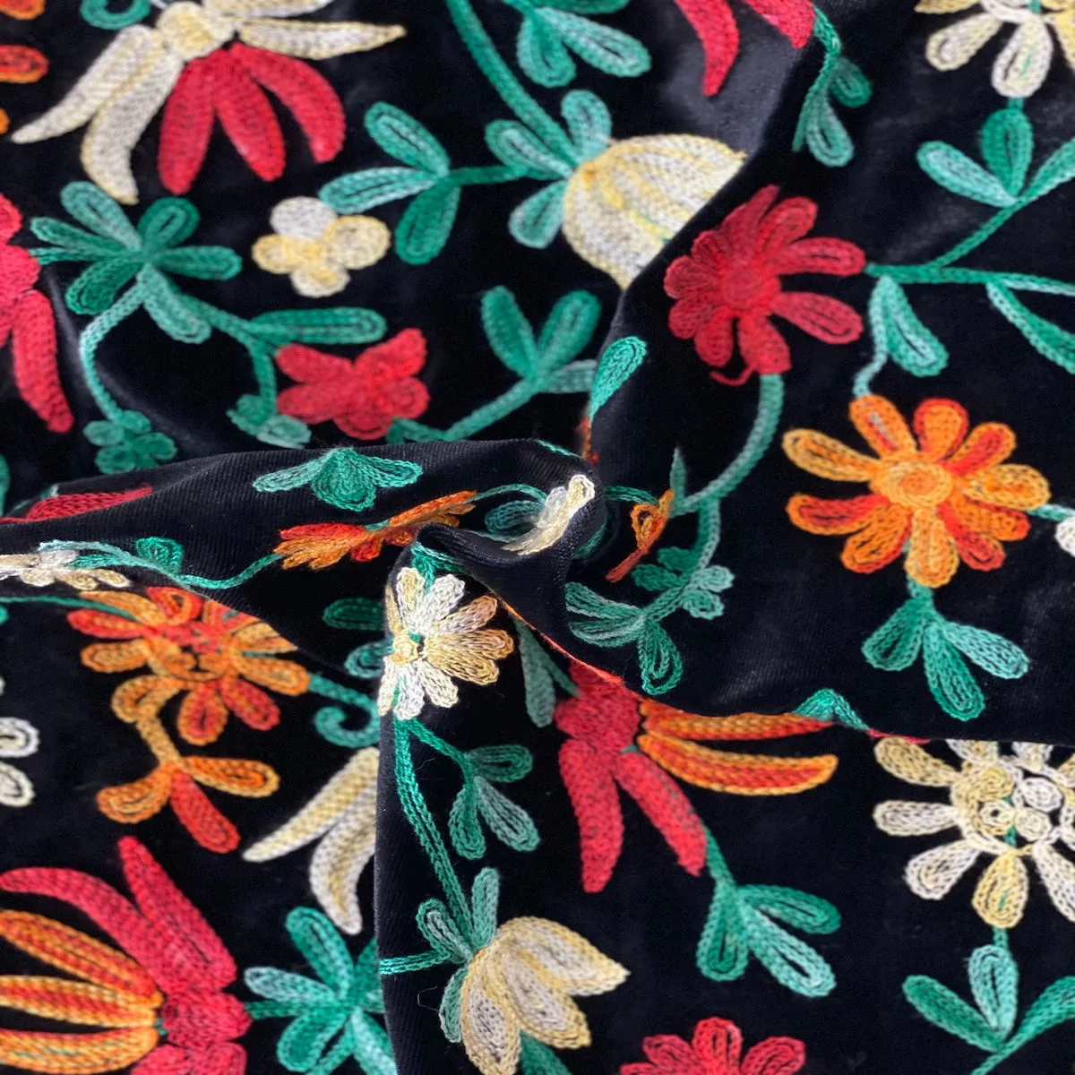 Teal Red Multicolor Briony Floral Embroidered Stretch Velvet Fabric