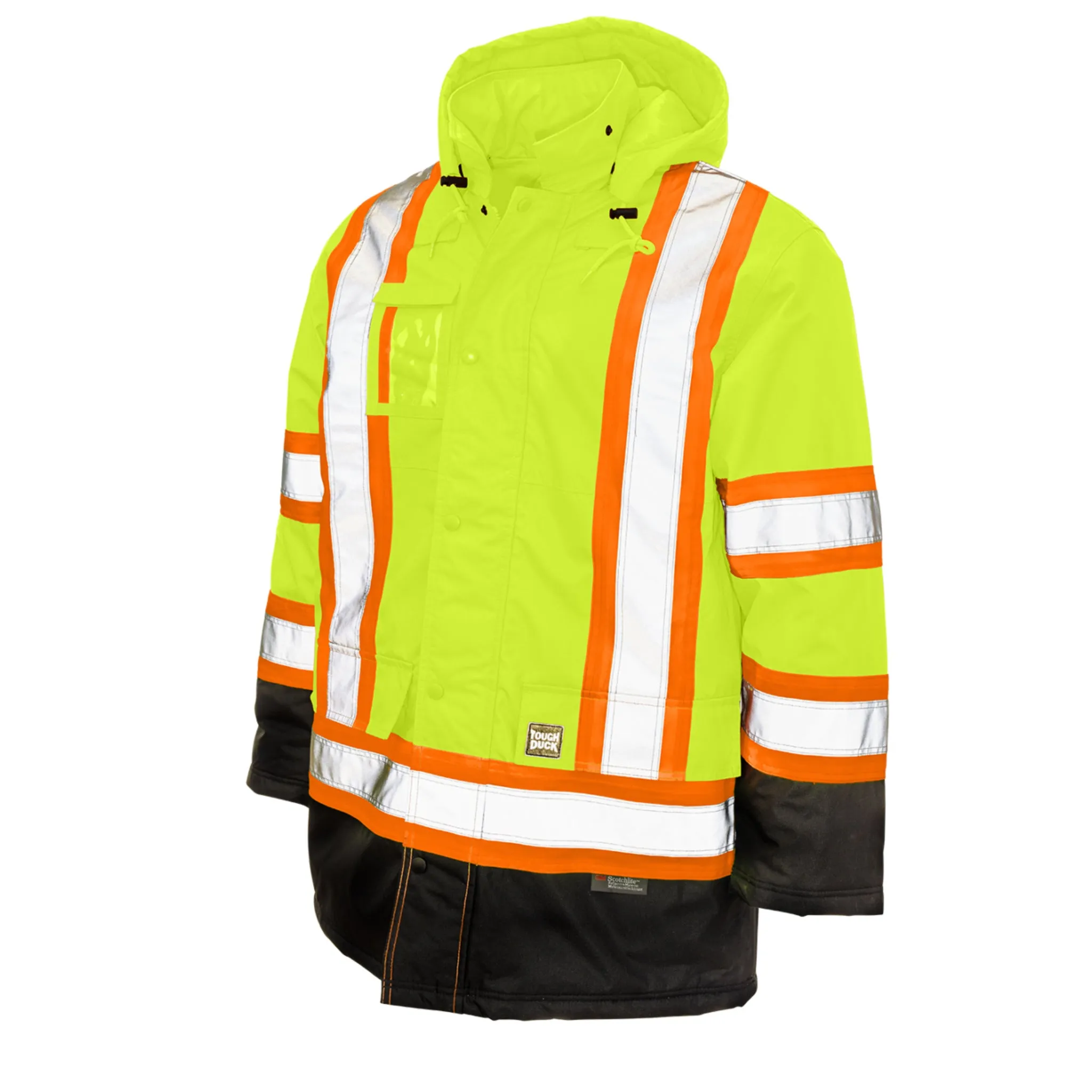 Tough Duck Men's Hi Vis Safety Work Parka S176 - CSA 300D Poly Oxford, Insulated, Reflective, Waterproof, Warm, Durable, Adjustable Hood | Sizes XS-5XL