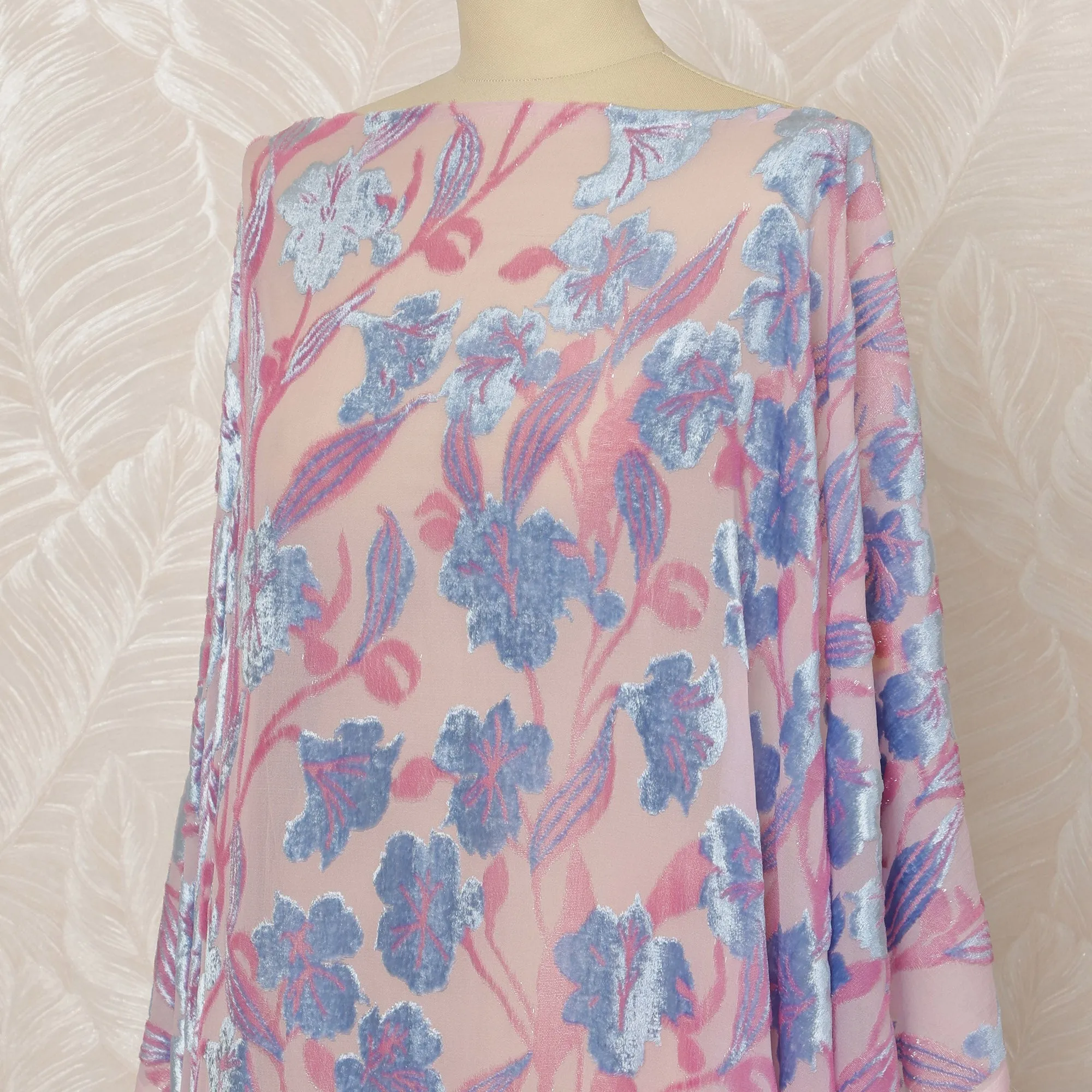 Traditional Somali Dirac Silk Blended Velvet Chiffon Fabric in Pink and Blue Floral Design, 3.5 Meters, 140 cm Width-D20595