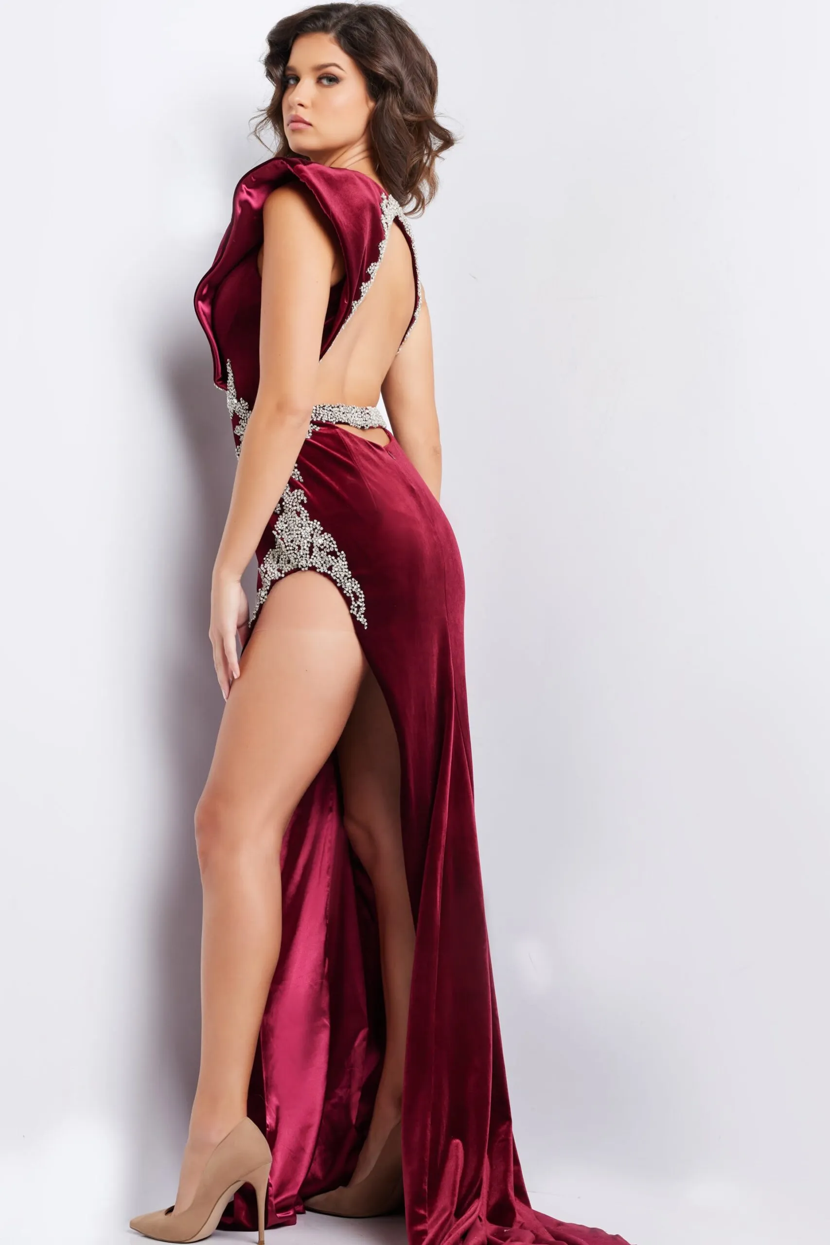 Velvet Fitted One Shoulder Slit Gown by Jovani 37341