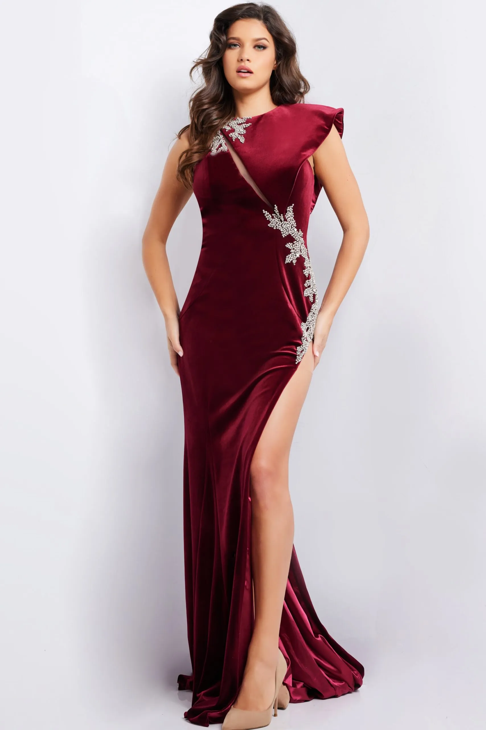 Velvet Fitted One Shoulder Slit Gown by Jovani 37341