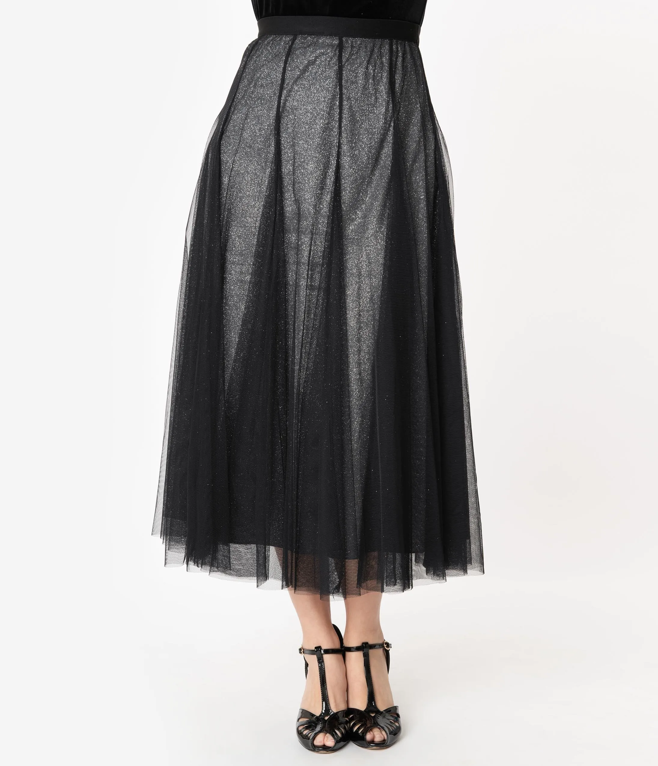 Vintage Style Black Mesh & Silver Glitter Midi Skirt