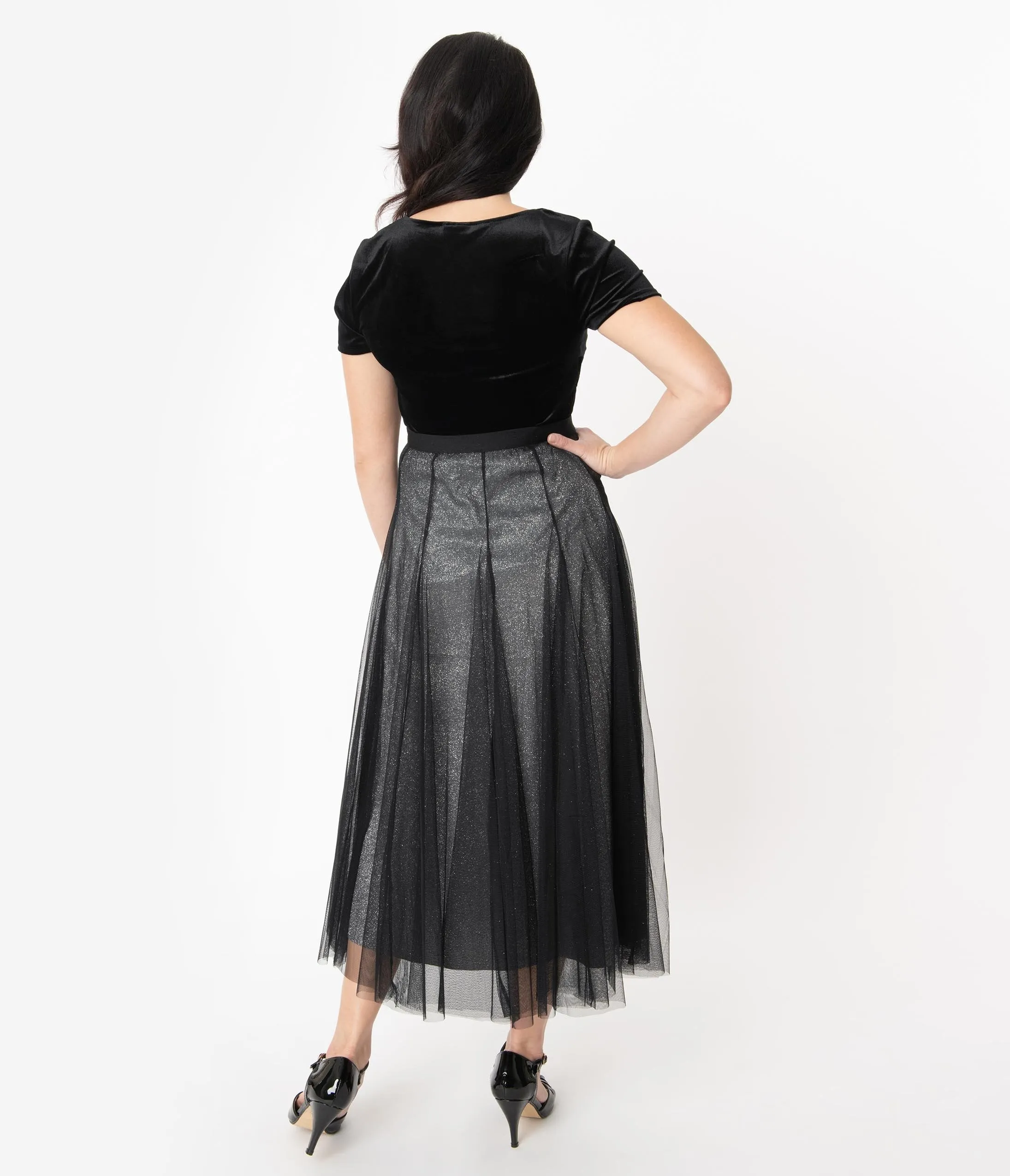 Vintage Style Black Mesh & Silver Glitter Midi Skirt