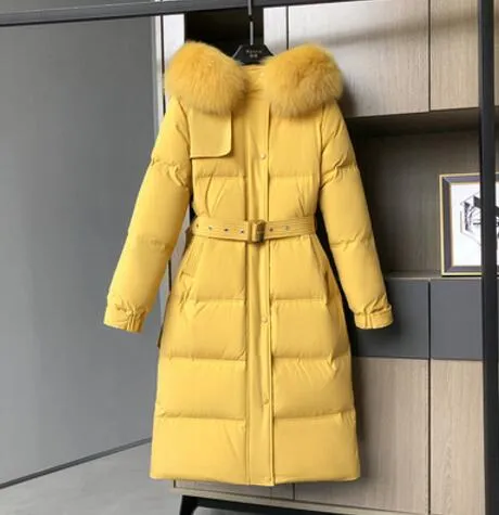 Women Down Coat Hooded Big Natural Raccoon Fox Fur Collar 90% White Duck Down Jacket Female Korean Ladies Outerwear With Belt